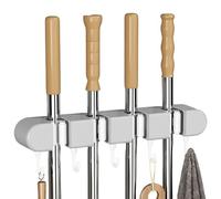 HSUYUN Appendi Scopa da Muro, Autoadesivo Porta Scope Parete, Grigio Porta Scope, Non Richiede Foratura, 4 Clip e 5 Ganci Appendi Scope a Muro, per Cucina, Garage, Giardino, Balcone