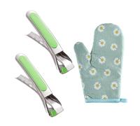 HSUYUN Pinze da Cucina, 2 Pezzi in Acciaio Inox Pinze per Friggitrice ad Aria, Verde Pinze da Cucina in Silicone, Clip Antiscottatura con Guanto Antiscottatura per Ciotole, Piatti e Vassoi
