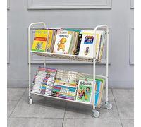 HTDRE Metal Rolling Book Cart with Wheels - Moveable Bookshelf Organizer, for Office, Classroom, Library - White Shelving Trolley, for Storage And Organization in Study Room