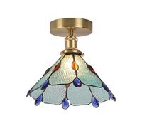 HTERWQEA Gold Semi Flush Mount Ceiling Lamp Mediterranean Stained Glass E27 Close to Ceiling Light for Aisle Bedroom Blue Peacock Tail Lampshade Ceiling Lighting