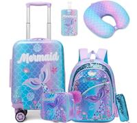 HTgroce 5 Set Valigie per Bambini, Zainetto Bambina, Cuscino per il Collo, Borsa per il Pranzo, Astuccio per Matite, Etichetta, Sirena Valigia con Ruote
