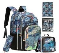 HTgroce 5pcs Zaino Scuola Elementare Bambino Auto da corsa Zainetto Per la Scuola Zaino Per Bambini Seconda Quaderno Set di Cancelleria