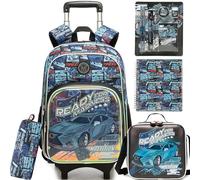 HTgroce Set 5 Pezzi Zaino Trolley Scuola Elementare Bambino Staccabile - Zaino Scuola Bambino Motivo Auto da Corsa - Include Diario e Set Cancelleria Trolley Scuola