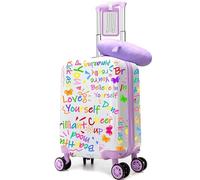 HTgroce Set Valigia Bambina DIY - Trolley Rigido con Cuscino per il Collo e Etichetta - Bagaglio a Mano 4 Ruote 360° - Regalo per Viaggi