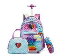 HTgroce Zaino con ruote per bambini, zaino per la scuola con ruote per ragazze pop it zaino 16 pollici set 3 in 1 con borsa per il pranzo per l'asilo Fidget Toys regalo per bambini., L-sirena viola