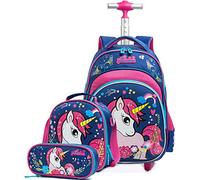 HTgroce Zaino Scuola Bambino Trolley Unicorno, 3 set Zaino Trolley Zainetto Ragazza in Nylon Con Ruote Regolabile Pull Rod per Scuola Viaggio - Blu