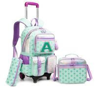 HTgroce Zaino Trolley Scuola Elementare Bambina con Lettera A - Set 3 Pezzi con Borsa per la Merenda e Astuccio - Zainetto con Ruote 2-in-1 Ergonomico per Scuola e Viaggio