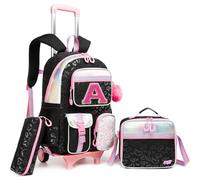 HTgroce Zaino Trolley Scuola Elementare Bambina con Lettera A - Set 3 Pezzi con Borsa per la Merenda e Astuccio - Zainetto con Ruote 2-in-1 Ergonomico per Scuola e Viaggio