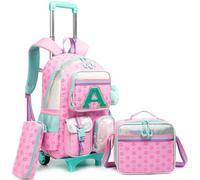 HTgroce Zaino Trolley Scuola Elementare Bambina con Lettera A - Set 3 Pezzi con Borsa per la Merenda e Astuccio - Zainetto con Ruote 2-in-1 Ergonomico per Scuola e Viaggio