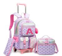 HTgroce Zaino Trolley Scuola Elementare Bambina con Lettera A - Set 3 Pezzi con Borsa per la Merenda e Astuccio - Zainetto con Ruote 2-in-1 Ergonomico per Scuola e Viaggio