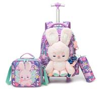 HTgroce Zaino Trolley Scuola Elementare Bambina Coniglio - Set 3 Pezzi con Borsa Per La Merenda e Astuccio - Zainetto con Ruote Ergonomico per Scuola e Viaggio