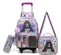 HTgroce Zaino Trolley Scuola Elementare Bambina（Lettera A） - Set 3 in 1 Zainetto con 2 Ruote, Porta Pranzo e Astuccio, Ideale per Ragazze 6-12 Anni