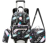 HTgroce Zaino Trolley Scuola Elementare Bambina - Set 3 in 1 con Portamerenda e Astuccio, Zainetto con Ruote Staccabile per Ragazze 8 Anni