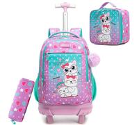 HTgroce Zaino Trolley Scuola Elementare Bambina - Set 3 in 1 con Zainetto, Borsa per la Merenda e Astuccio - Zaino con Ruote per Primaria e Viaggio