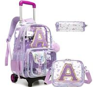 HTgroce Zaino Trolley Scuola Elementare Bambina Trasparente - Set 3 Pezzi con Borsa e Astuccio - Zainetto con Ruote 2-in-1 Ergonomico- Lettera Iniziale A