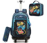 HTgroce Zaino Trolley Scuola Elementare Bambino- Set 3 in 1 con Zainetto, Borsa per la Merenda e Astuccio - Zaino con Ruote per Primaria e Viaggio