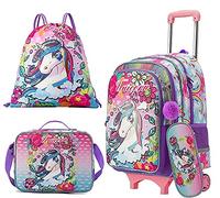 HTgroce Zaino Trolley Scuola Elementare e Media Unicorno Per Ragazze Con Sacca Sportiva, Astuccio, Borsa Pranzo, Ciondolo Palla 5 in 1