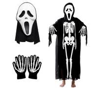 HTGWCG 3 Pezzi Costume da Scheletro Halloween, 80CM Costume da Scheletro Bambini, C-ostume da S-cheletro Fantasma + Maschera da teschio + Guanti da teschio, per Cosplay Feste di Carnevale (white)