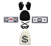 HTGWCG Costume da ladro, Accessori Vestito da Ladro, Set Costume da Ladro, Cappello Guanti Maschera per Occhi Borsa dei Soldi Banconota, Adatto per Festa a Tema Carnevale Halloween e Giochi di Ruolo