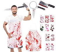 HTGWCG Halloween Costume da Macellaio,Dell'orrore Costume, Costume da Serial Killer Horror grembiule sanguinante, cerchietti, coltello da chef, adesivi per feste in costume di Halloween
