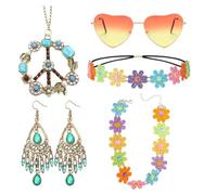 HTGWCG Set Costume Hippie 5 Pezzi, Accessori Hippie per Donna Anni '60 e '70, Set da Festa che Include Occhiali da Sole Vintage a Forma di Cuore, Collana con Simbolo della Pace, Fascia Hippie