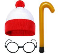 HTGWCG Set di Costume Rosso e Bianco, include un Cappello a Maglia, Occhiali Neri & un Bastone, adatto per Natale, Giornata Mondiale del Libro, Balletti in Maschera & Outfit di Cosplay