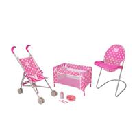 HTI Dolly Tots Junior Nursery Playset | Set da gioco per bambole da 7 pezzi, seggiolone per bambole, set di alimentazione riutilizzabile, passeggino e lettino | Accessori per carrozzine, passeggini e