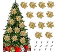 HTTDSLF 12 Pezzi Fiori per Albero di Natale, Fiori di Natale Glitter Poinsettia, Decorazioni Albero di Natalee, per Decorazioni Natalizie Ghirlanda, con Clips (Oro)