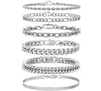 HTTDSLF 6 Pezzi Bracciale Da Uomo In Argento, Bracciale Da Uomo Set Di Gioielli Impilabile, per Natale San Valentino Compleanno per Lui, Regalo Braccialetto per Papà, Figli, Lunghezza 22 cm