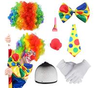 HTTDSLF 7 Pezzi Set di Costumi da Pagliaccio, Accessori da Pagliaccio, Perrucca da Clown, Naso, Cravatta, Farfallino, Guanti, Fischietto e Retina per Capelli per Halloween Cosplay Festa Carnevale