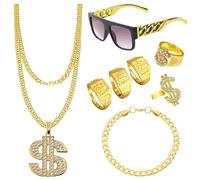 HTTDSLF 8 Pezzi Set Accessori Rapper, 80s 90s Rapper Costume Hip Hop, Collana Dollaro, Anelli Dollaro, Bracciali, Occhiali da Sole per Carnevale, Accessori per Rapper, Festa a Tema