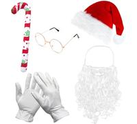 HTTDSLF Costume Babbo Natale, Accessori per Costume da Babbo Natalee, con Barba | Cappello | Occhiali | Canna da Zucchero Gonfiabile, per Natale, Eventi Natalizi, Feste, Carnevale o il Cosplay
