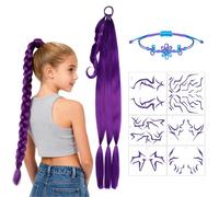 HTTDSLF Parrucca Intrecciata Viola per Cosplay, Parrucca Costume da Cacciatore, Parrucche Cosplay in Costume Kpop, Bracciale Intrecciato, Tatuaggio Temporaneo, per la Festa di Carnevale di Halloween