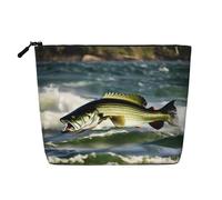 HTTUP Bass Fishing Wave Print Business Trip Essential borsa per il trucco monostrato con cerniera borsa donna grande capacità, nero, taglia unica, Nero, One Size