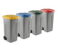 Httxyp Kit 4 bidoni raccolta differenziata 100 lt. Giallo + Blu + Rosso + Verde | 4 Pattumiere con ruote incluse | Secchi Spazzatura 100 Lt | Contenitori Rifiuti