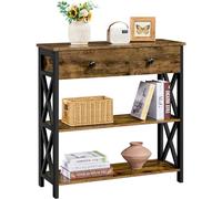 Httxyp Tavolo Consolle Vintage in MDF e Ferro con Ripiani e Cassetti 80 × 30 × 80 cm Mobile da Ingresso Tavolino per Divano/Sala da Pranzo Stile Industriale Marrone Rustico