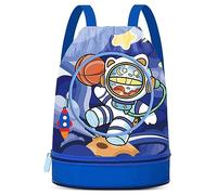 HTU Zaino da Nuoto Impermeabile con Separatore Asciutto/Bagnato, Tasca Frontale Trasparente, Coulisse, Spazio per Scarpe, Sport Outdoor, Bambini/Ragazzi (Blu Scuro)