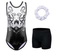 HUAANIUE Set di body da ginnastica per bambine + pantaloncini + accessori per capelli, tuta da danza senza maniche, 3-14 anni, KHB364-Nero Bianca, 13-14 Jahre