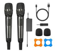 HUACAM Microfoni wireless, UHF, in metallo, nero, ricaricabile, con ricevitore da 6,35 mm e 3,5 mm, per karaoke, canto, discorsi, chiese, riunioni, matrimoni (nero)