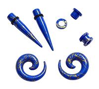 Huacan Ear Streching Kit - 2 dilatatori per orecchio con doppio O-ring + 2 tunnel carne + 2 pezzi spirale oro linea nero bianco blu per uomo/donna 6 mm-12 mm e Acrilico, colore: Blu-10 mm (00ga).