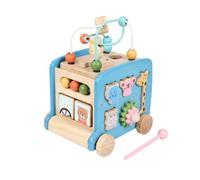 HuadaXtai Carrello Educativo Bambini Centro Gioco Legno Multifunzione con Perline Ordinamento Forme Carrello Ruote Adatto a, Blu, Multifunzionale Autobus Giocattolo