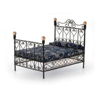 HuadaXtai Miniatura Letto Doppio 1 12 Bambola Casa Bambole Metallo Vintage Design Colonne con Pomelli Rotondi Testiera Rialzata con, Nero
