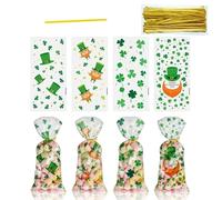 HUAEDNWKYI Set di 100 Sacchetti in Cellophane per il Giorno di San Patrizio - Motivi Quadrifoglio Verde e Leprechaun, con Lacci di Chiusura Accessori per Feste Irlandesi per Regali e Dolcetti 13x27 cm