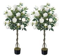 HUAESIN Confezione da 2 rose artificiali in seta, alte piante artificiali per interni, con fiori bianchi, fioriera finta per casa, soggiorno, confezione da 2