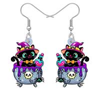 HUAGEO Halloween Acrilico Cappello Mago Gatto Nero Orecchini Pendenti Raccapricciante Teschio Calderone Strega Carino Gattino Novità Gioielli Per Donne Ragazze Festa Regali, M, Acrilico, Nessuna