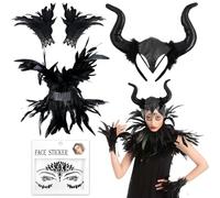 Huahuanghui Malefica Costume Donna, Set Scialle Piume Nere, con Polsini Piuma Nero e Corna Maleficent, Scialle Gotico di Piume, Gotico Piuma Naturale Girocollo, Halloween Carnevale Cosplay Costume