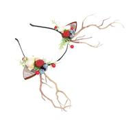 Huairdum Fascia per Capelli con Corna di Cervo per Donne Ragazze, 13 Cm, | Corna realistiche, fiori finti e bacche, copricapo con orecchie in pizzo per il cosplay di Natale nel bosco