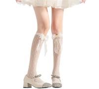 HUAJINGKEJI Calze da donna a tubo lungo in maglia con fiocco e perla dolce sopra il polpaccio giapponesi scavate fuori solido, Come mostrato nell'immagine, XXS-3XL