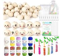 HUALIANG 101 Set all'uncinetto per vermi della fortuna, 50 palline di legno con viso, 10 gomitoli di filato all'uncinetto, con uncinetto, sacchetto di organza, portachiavi e cartoline, per Bambini