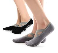 Hually Antiscivolo Calze Donna - 2 Paia Calzini Pilates Antiscivolo per Yoga,Pilates, Pure Barre, Balletto, Danza, Fitness, Ballo a Piedi Nudi(Nero e Grigio)